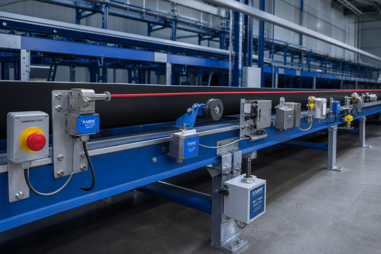 Conveyor safety switches on an industrial conveyor belt system