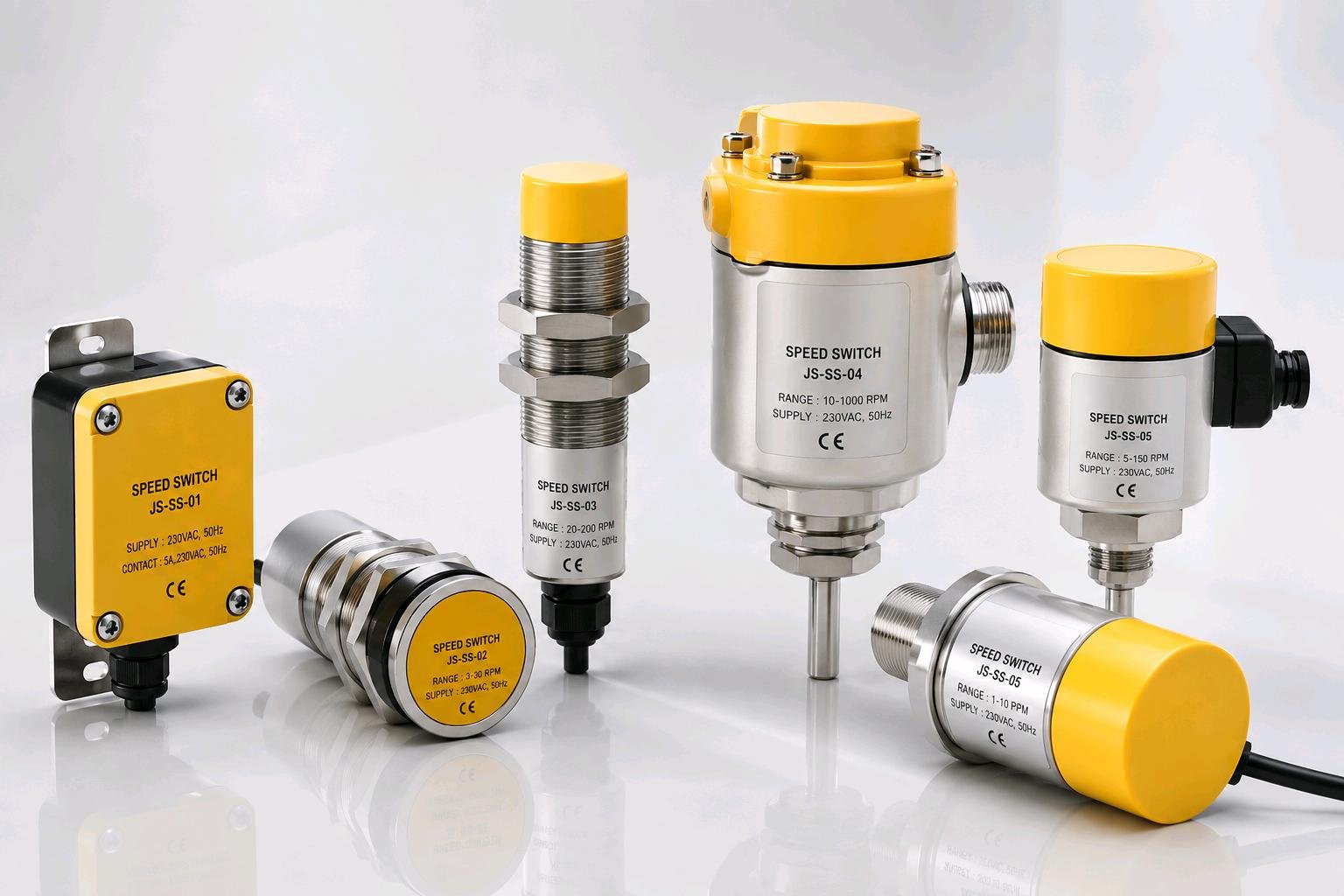 Industrial proximity sensors with stainless steel bodies and yellow sensing faces