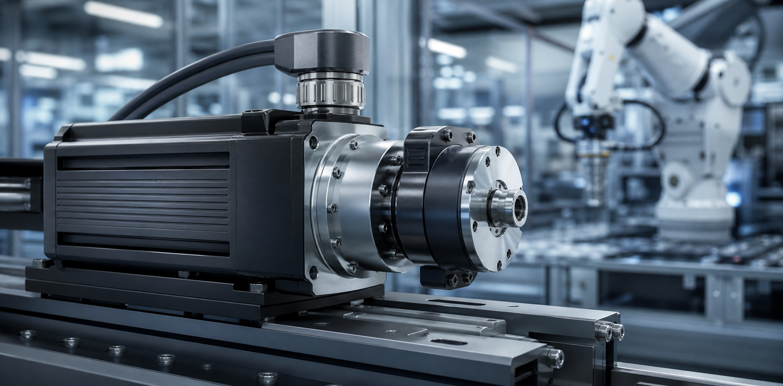 Industrial rotary encoder on servo motor automation system